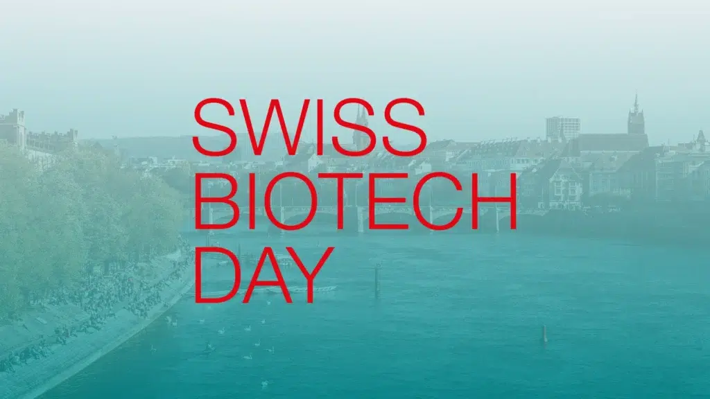 Swiss Biotech Day Schriftzug vor der Basler Altstadt am Rhein